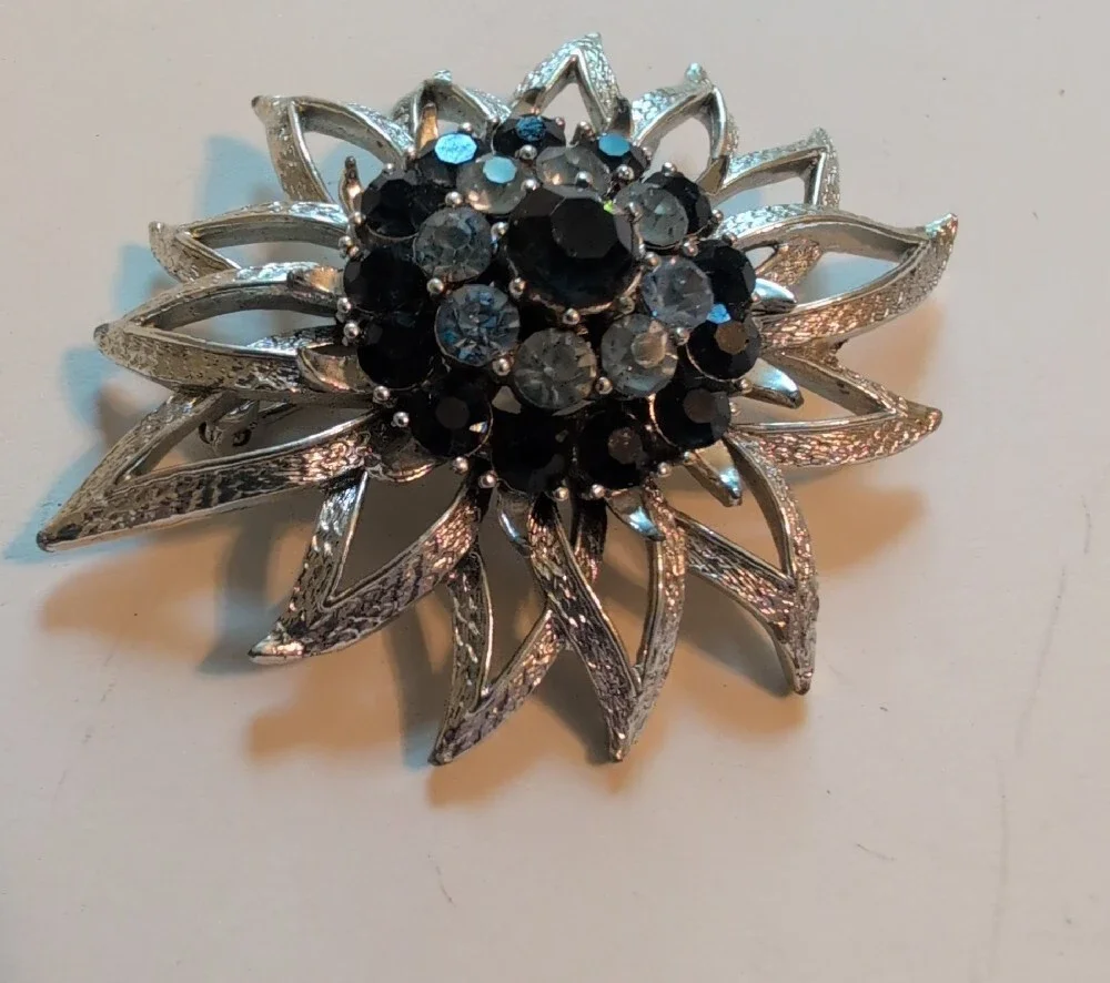 Vintage Signed Cora Silver Floral Crystal Brooch